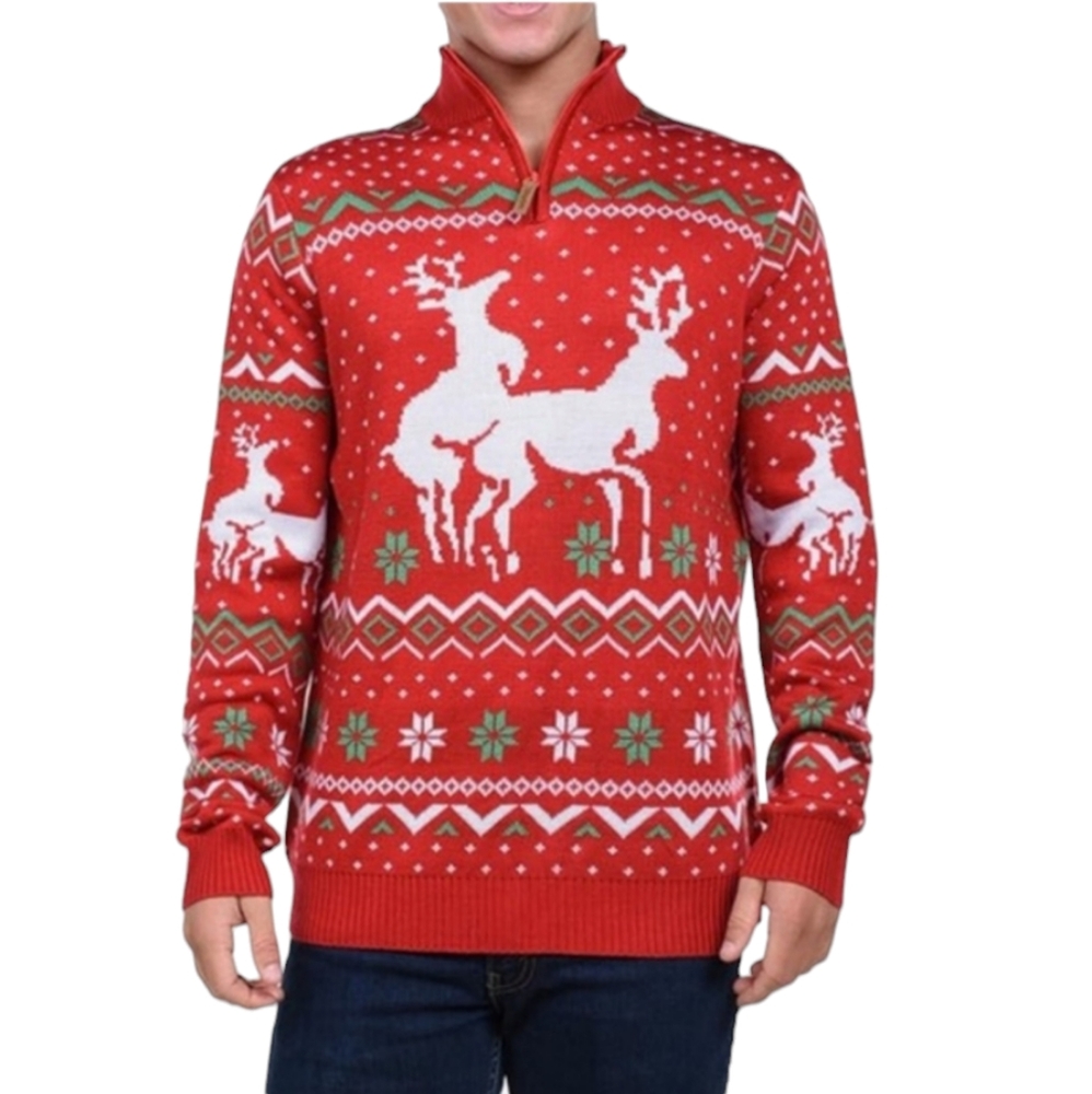 Tipsy Elves Funny Humor Christmas Deer Humping Red Pullover Sweater
